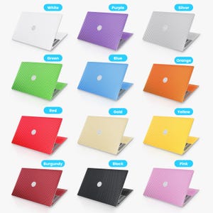 May include: A collage of 12 laptop skins in various colors, including white, purple, silver, green, blue, orange, red, gold, yellow, burgundy, black, and pink. Each skin features a carbon fiber pattern.