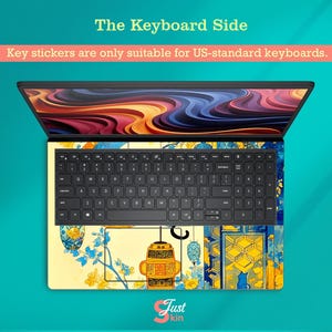 May include: Laptop keyboard skin with a colorful design featuring yellow, blue, and orange floral and lantern motifs. The text "The Keyboard Side" and "Key stickers are only suitable for US-standard keyboards" are visible.