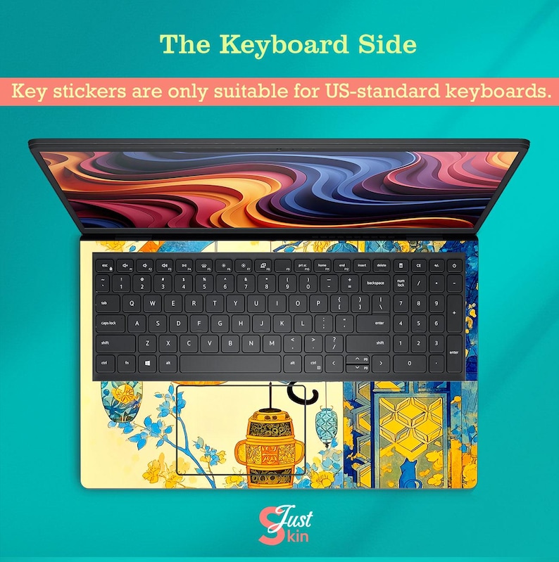 May include: Laptop keyboard skin with a colorful design featuring yellow, blue, and orange floral and lantern motifs. The text "The Keyboard Side" and "Key stickers are only suitable for US-standard keyboards" are visible.