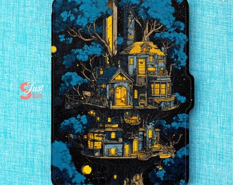 May include: A black e-reader cover with a fantasy illustration of a treehouse village, with blue trees and yellow lit windows. The cover has a magnetic closure and the text "Just kin" in the lower left corner.