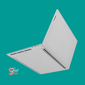May include: A white laptop with a carbon fiber pattern on the lid. The laptop is open and the lid is tilted back. The Lenovo logo is visible on the lid.