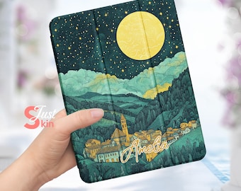 Ipad Case with Pencil Holder Moonlit Village for 2024 Air 6 Air 4/5 Ipad 10 10.9" 7/8/9 10.2" Ipad Pro 11"12.9''13" Ipad Mini 6/7 Case