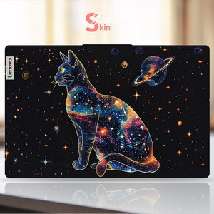May include: A black laptop skin with a galaxy design featuring a cat with a starry body and a planet with rings. The text "Lenovo" is on the left side of the skin.