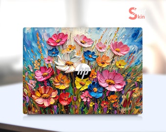 May include: A laptop skin with a colorful floral design featuring a variety of flowers in shades of pink, red, yellow, blue, and white. The flowers are painted in a textured style, giving the design a three-dimensional look. The HP logo is visible in the center of the skin.