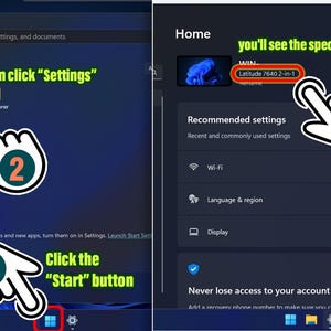 May include: A computer screen displays instructions on how to access settings. The steps are numbered with a hand cursor pointing to the start button, settings icon, and the location of the specific model. Text includes "Click the Start button", "Then click Settings", and "you'll see the specific model at here".