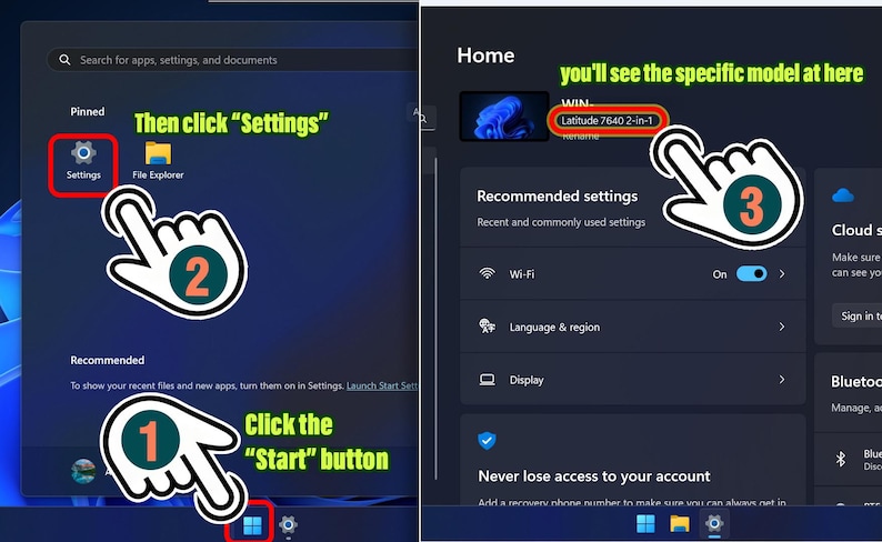 May include: A computer screen displays instructions on how to access settings. The steps are numbered with a hand cursor pointing to the start button, settings icon, and the location of the specific model. Text includes "Click the Start button", "Then click Settings", and "you'll see the specific model at here".