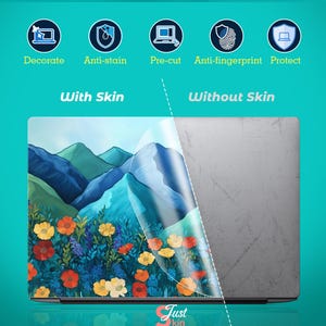 Pode incluir: Skin para laptop com um design floral e montanhoso colorido. A skin &eacute; mostrada aplicada a um laptop, com uma parte descolada para revelar a superf&iacute;cie original. O texto inclui "Decorar", "Anti-manchas", "Pr&eacute;-cortado", "Anti-impress&atilde;o digital" e "Proteger".