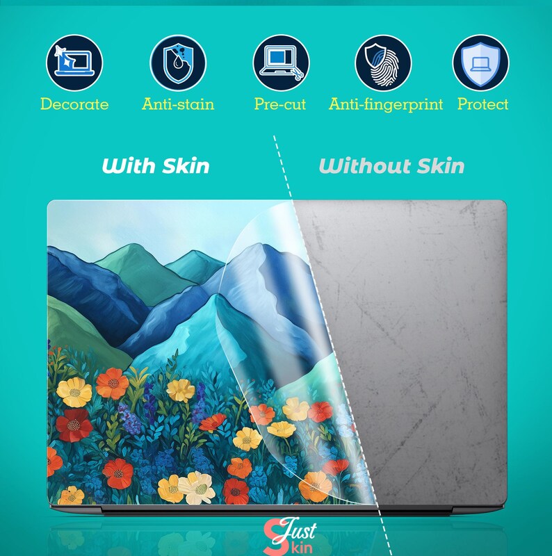 Pode incluir: Skin para laptop com um design floral e montanhoso colorido. A skin &eacute; mostrada aplicada a um laptop, com uma parte descolada para revelar a superf&iacute;cie original. O texto inclui "Decorar", "Anti-manchas", "Pr&eacute;-cortado", "Anti-impress&atilde;o digital" e "Proteger".