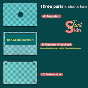May include: A teal laptop skin set, featuring three parts: top side, palm rest and touchpad, and bottom side. The palm rest area has the text "No Keyboard characters". The text "Just Skin" is also visible.