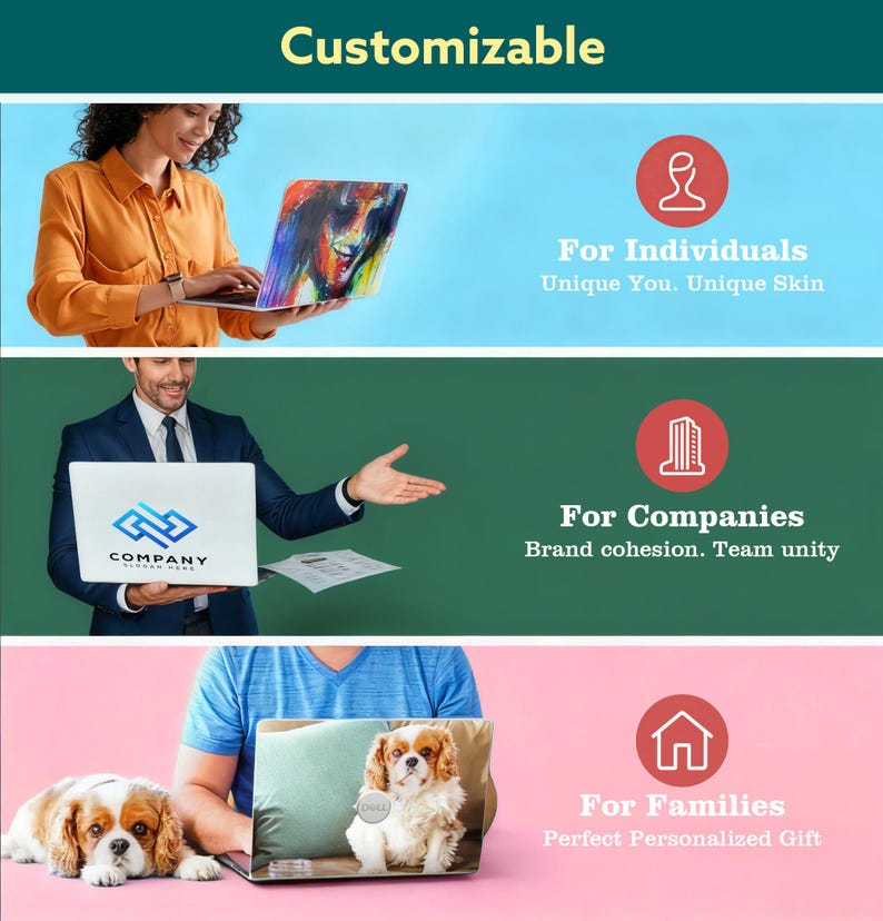 May include: Image showcasing customizable laptop skins. The image is divided into three sections, each featuring a person with a laptop. The text reads: "For Individuals," "For Companies," and "For Families."