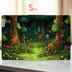 May include: A digital illustration of a forest scene with a path leading through the trees. The trees are green and brown, and there are flowers and mushrooms growing on the forest floor. The text "Lenovo" is visible in the lower left corner of the image.