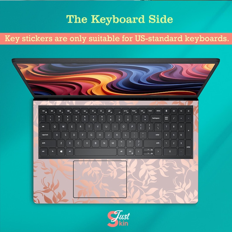 May include: A laptop with a keyboard skin featuring a floral design in rose gold and light pink. The text "The Keyboard Side" and "Key stickers are only suitable for US-standard keyboards" are visible. The brand logo "Just kin" is at the bottom.