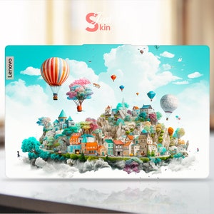 May include: A colourful illustration of a small town on a floating island with hot air balloons in the sky. The text "Just Skin" is in the top left corner of the image. The text "Lenovo" is in the bottom left corner of the image.