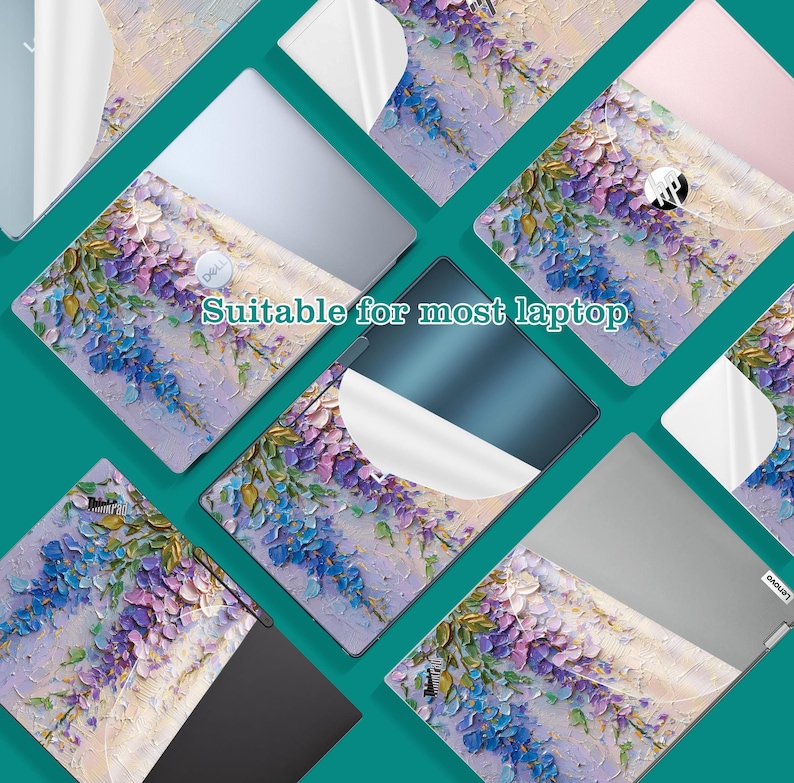 K&ouml;nnte beinhalten: Laptop-Skins mit einem Blumendesign in Lila, Blau und Gelb. Der Text "Suitable for most laptop" ist sichtbar. Die Skins werden auf verschiedenen Laptop-Marken wie Dell, HP und Lenovo gezeigt.