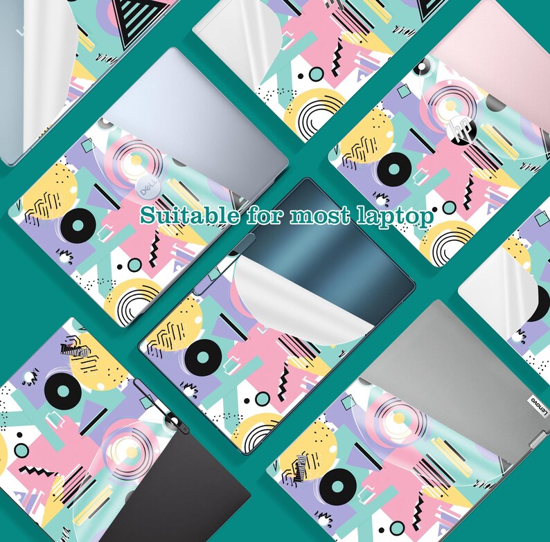 May include: Laptop skins with a colorful geometric design in pastel colors. The design includes shapes like circles, triangles, and zigzags. The text "Suitable for most laptop" is visible. The laptops are arranged on a teal background.