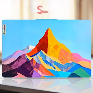 May include: A Lenovo laptop with a colorful abstract mountain landscape design on the screen. The design features a blue sky, yellow, red, orange, purple, and green mountains.