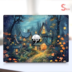 May include: A laptop skin with a whimsical illustration of a fairytale village with colorful flowers and a starry night sky. The skin features the HP logo.