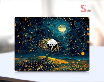 May include: Laptop skin with a dark blue background and a design of a tree with golden lights and a moon in the sky. The HP logo is in the center of the tree.
