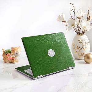 Skogsgrönt krokodilfärgat laptopskin, lyxigt vinyldekal med konstlädertextur, estetiskt bärbar datorskydd, för Macbook Lenovo Dell
