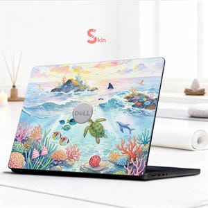 Watercolor Ocean Laptop Skin, MacBook NEO Vinyl Decal, Pastel Coral Reef Computer Sticker, Cute Beach Notebook Wrap for HP, Dell, Lenovo