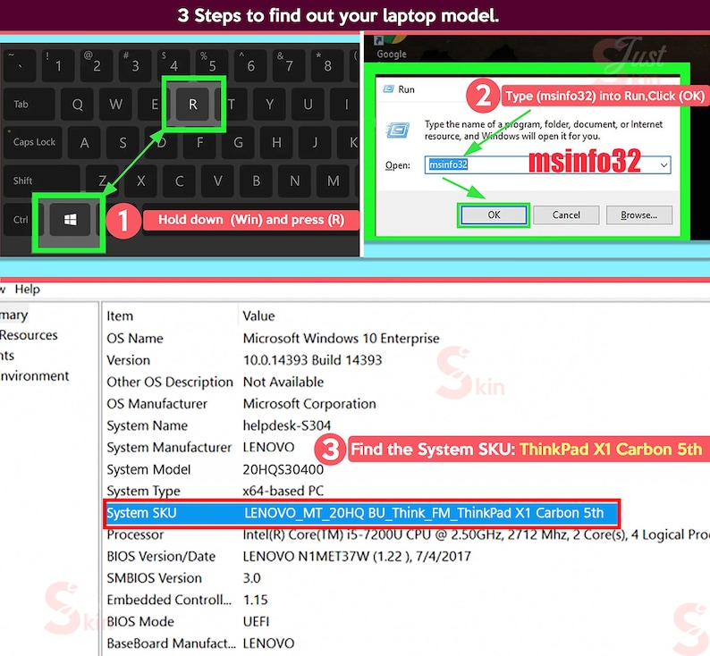 May include: A computer screen displaying a step-by-step guide on how to find a laptop model. The guide instructs the user to press the Windows key and the R key simultaneously, then type "msinfo32" into the Run dialog box. The screen also shows system information, including the system name, manufacturer, model, and system type. The system type is "LENOVO MT 20HQ BU Think FM ThinkPad X1 Carbon 5th".