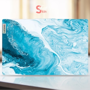May include: A blue and white abstract marble design laptop skin with the word "Lenovo" in white text on the left side.