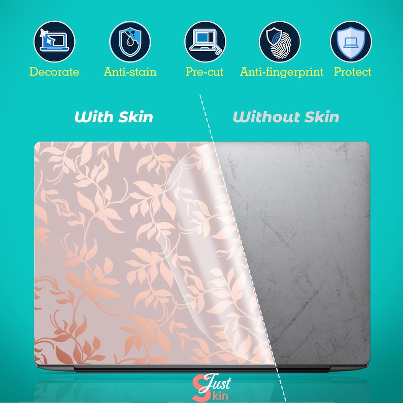 May include: Laptop skin with a floral design in rose gold and blush pink. The skin is partially peeled back to show the laptop's original surface. Text on the image includes "Decorate", "Anti-stain", "Pre-cut", "Anti-fingerprint", and "Protect". The brand name "Just kin" is also visible.