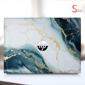 May include: A laptop skin with a marble design featuring blue and white swirls with gold accents. The skin has the HP logo in the center.