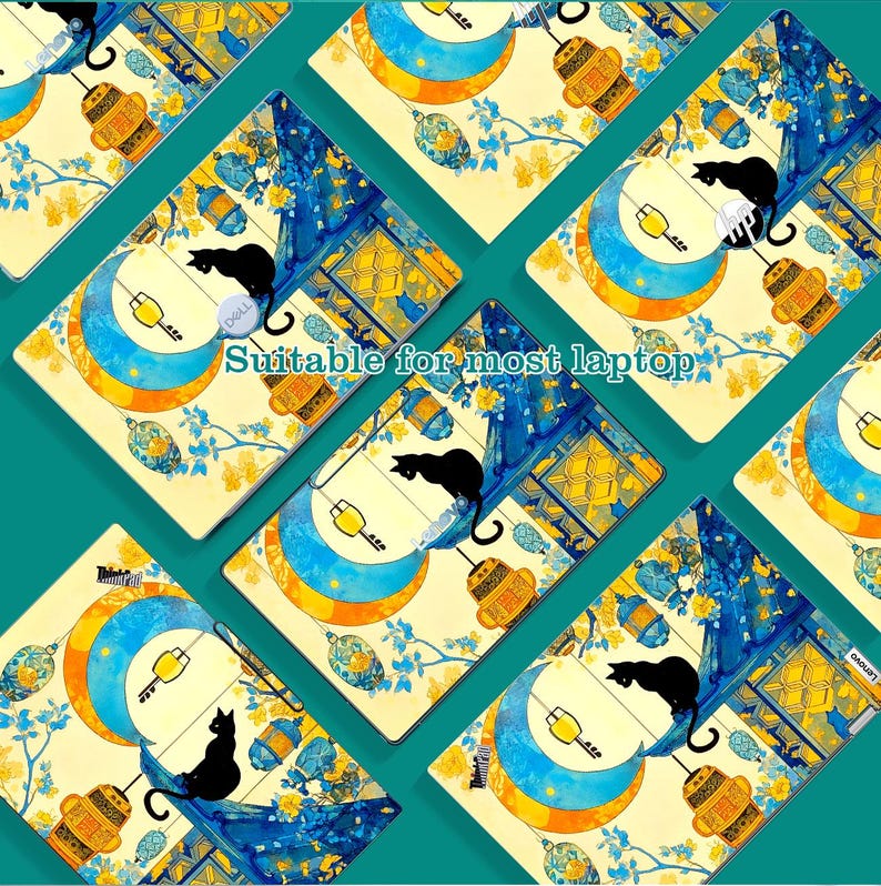 May include: Laptop skin featuring a black cat silhouette perched on a crescent moon with a key, surrounded by lanterns and floral accents. The design has a blue, yellow, and white color scheme. Text on the skin reads "Suitable for most laptop".