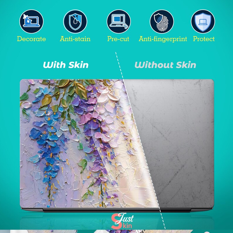 K&ouml;nnte beinhalten: Laptop-Skin mit floralem Design in blauen, lila und gr&uuml;nen Pinselstrichen. Die Skin wird auf einem Laptop gezeigt, mit dem Text "With Skin" und "Without Skin". Die Skin dient zum Dekorieren, Sch&uuml;tzen und ist schmutz- und fingerabdruckabweisend.