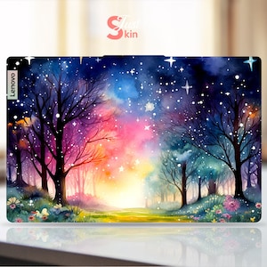 May include: A watercolor painting of a forest scene with a starry night sky. The trees are silhouetted against a colorful sky with shades of pink, purple, blue, and yellow. The painting has a whimsical and magical feel.