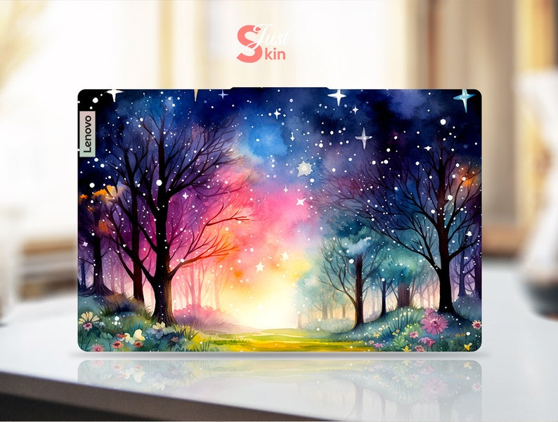 May include: A watercolor painting of a forest scene with a starry night sky. The trees are silhouetted against a colorful sky with shades of pink, purple, blue, and yellow. The painting has a whimsical and magical feel.
