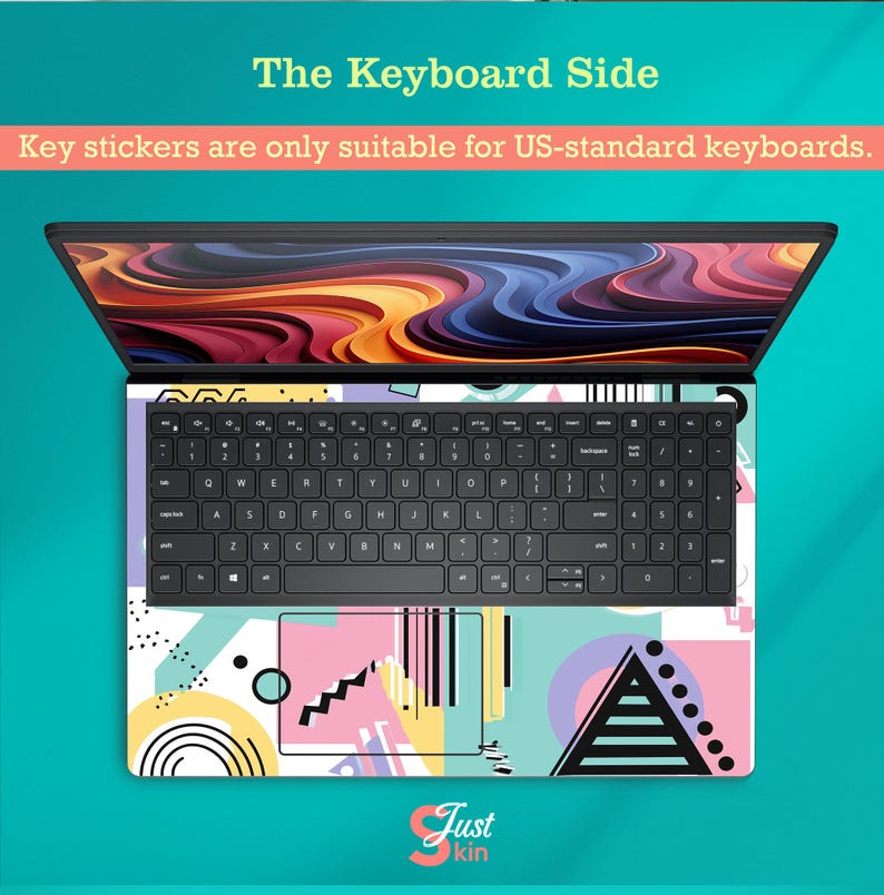 May include: Laptop with a keyboard skin featuring a colorful geometric design in pink, yellow, blue, and black. The text "The Keyboard Side" is at the top, with "Key stickers are only suitable for US-standard keyboards" below.