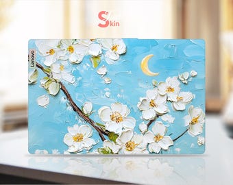 Película protectora para portátil Lenovo, diseño de flores blancas con pintura al óleo, calcomanía de vinilo personalizable para Legion Yoga Thinkpad Thinkbook Ideapad Series