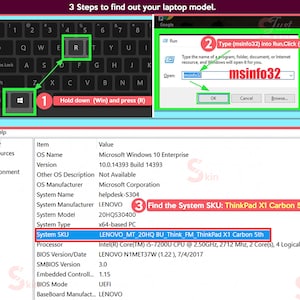 May include: A computer screen displaying a step-by-step guide on how to find a laptop model. The guide instructs the user to press the Windows key and the R key simultaneously, then type "msinfo32" into the Run dialog box. The screen also shows system information, including the system name, manufacturer, model, and system type. The system type is "LENOVO MT 20HQ BU Think FM ThinkPad X1 Carbon 5th".
