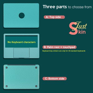 May include: A teal laptop skin set, featuring top, palm rest, and bottom pieces. The top piece has a circular cutout. The palm rest section states "No Keyboard characters." The text "Just Skin" is also visible.