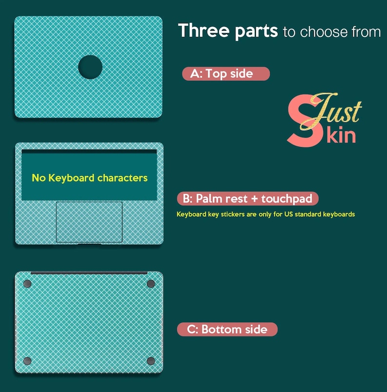 May include: A teal laptop skin set, featuring top, palm rest, and bottom pieces. The top piece has a circular cutout. The palm rest section states "No Keyboard characters." The text "Just Skin" is also visible.