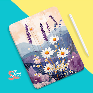 May include: A purple and blue floral design with white daisies and lavender on a tablet case. The case has a gold inscription that says "Amelia".