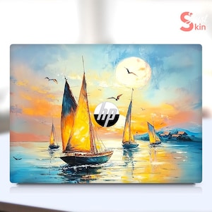May include: A laptop skin with a colorful painting of sailboats on a calm ocean at sunset. The painting features a blue sky with clouds, a bright orange sunset, and three sailboats with white sails. The laptop skin also features the HP logo in the center.
