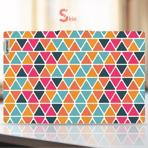 May include: A colorful laptop skin with a geometric pattern of blue, orange, pink, and black triangles. The skin has the word "Lenovo" printed on the left side.