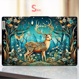 Lenovo Laptop Skin, Personalized Green Deer And Plants Design Cool Vinyl Decal for Legion Yoga Thinkpad Thinkbook Ideapad Series