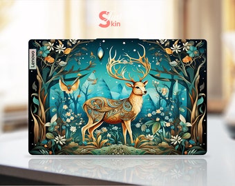 Lenovo Laptop Skin, Personalized Green Deer And Plants Design Cool Vinyl Decal for Legion Yoga Thinkpad Thinkbook Ideapad Series