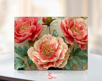May include: A rectangular panel with a floral design. It features three large peonies in shades of pink and red, with yellow centres and green leaves. The background has a textured, off-white pattern, creating a decorative piece.