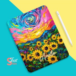 May include: A colorful abstract painting of a sunset over a mountain range with a field of sunflowers in the foreground. The name "Amelia" is written in gold script on the image.
