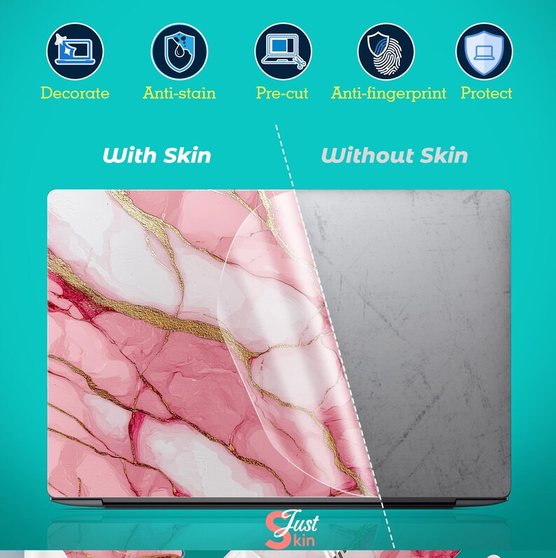 Op de afbeelding: Laptop skin met een roze marmerpatroon en gouden aderen. De afbeelding toont de skin aangebracht op een laptop, met de tekst "With Skin" en "Without Skin". De skin wordt beschreven als decoratief, anti-vlekken, voorgesneden, anti-vingerafdruk en beschermend.
