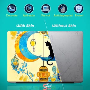 May include: Laptop skin featuring a whimsical design with a crescent moon, lanterns, and a black cat silhouette. The skin is yellow, blue, and gold. The text on the skin says "Decorate", "Anti-stain", "Pre-cut", "Anti-fingerprint", and "Protect".