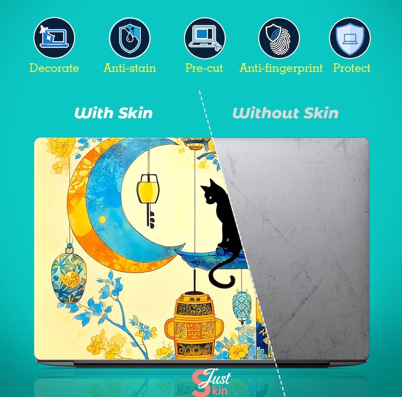 May include: Laptop skin featuring a whimsical design with a crescent moon, lanterns, and a black cat silhouette. The skin is yellow, blue, and gold. The text on the skin says "Decorate", "Anti-stain", "Pre-cut", "Anti-fingerprint", and "Protect".