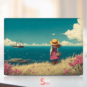 May include: A laptop skin featuring a serene seaside scene. A person in a yellow hat and red polka-dot dress stands on a grassy hill, gazing at a sailboat on the blue ocean under a bright sky with fluffy clouds. Pink flowers dot the foreground.