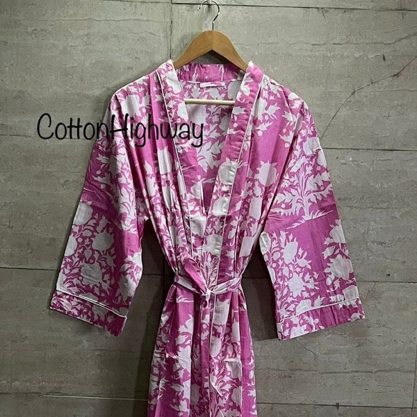 Floral Print Cotton Kimono Robe: Beige Indian Beach Cover-Up
