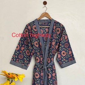 Indian Handmade Cotton Kimono Beautiful Floral Robe Block Printed Long kimono Beach Cover Up Summer Nightwear Gown Gifts For Her